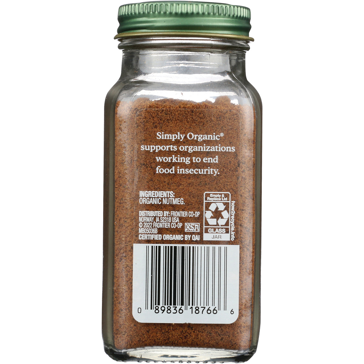 SMP033 | back of Simply Organic glass jar of ground nutmeg showing ingredients text, recycling icons and barcode