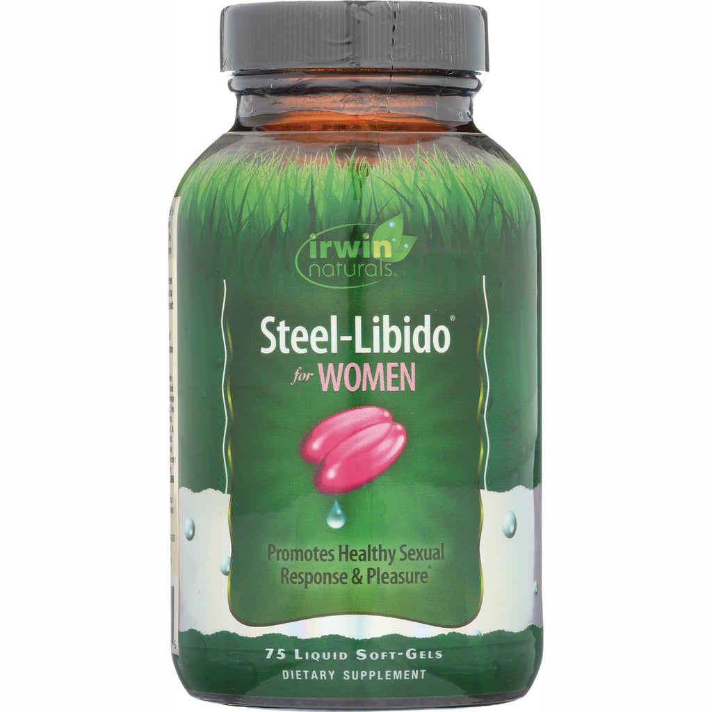 IR066 | Irwin Naturals Steel-Libido for Women green bottle front label with pink soft-gel illustration stating Promotes Healthy Sexual Response & Pleasure - Thumbnail