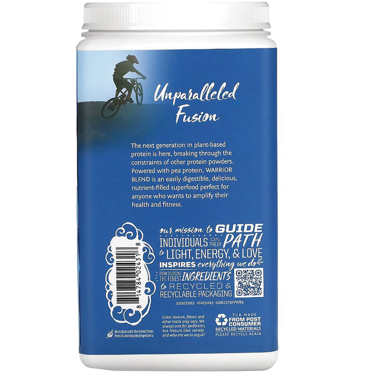 SNW023 | Back of protein powder tub with text 'Unparalleled Fusion,' mission statement, barcode and QR code