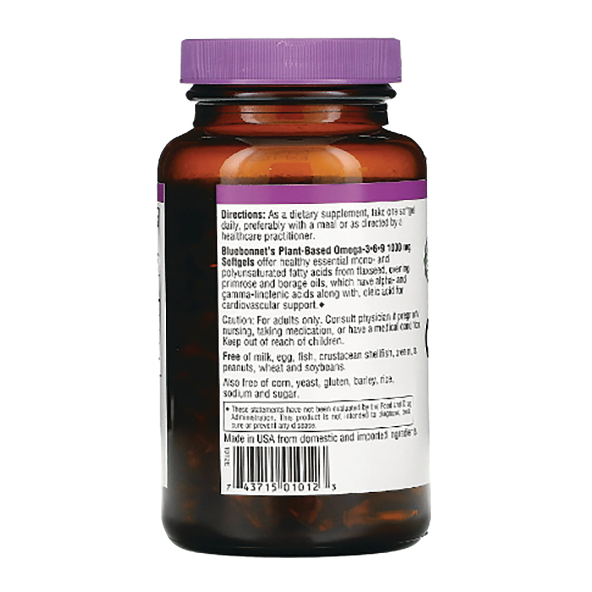 BLU110 | amber supplement bottle back view with purple cap, white label showing directions, ingredients text and barcode