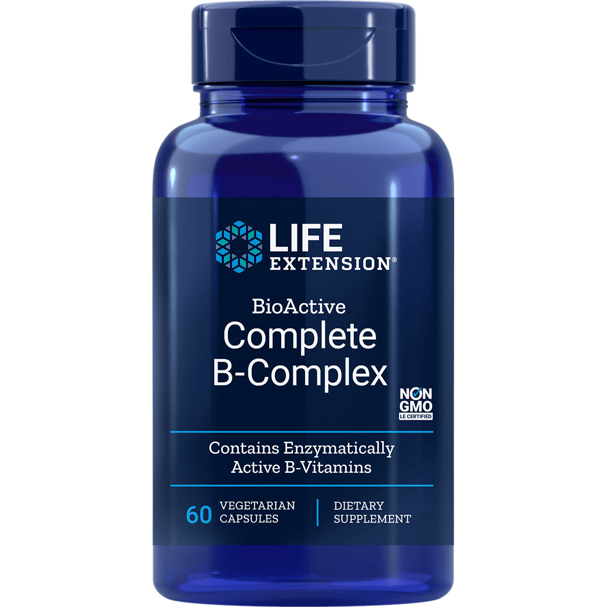 LE373 | Blue Life Extension bottle labeled BioActive Complete B-Complex, 60 vegetarian capsules dietary supplement