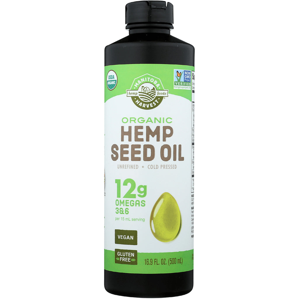 MAN009 | Bottle of Manitoba Harvest Organic Hemp Seed Oil label showing 12g omegas 3&6, vegan, gluten free, 16.9 fl oz - Thumbnail