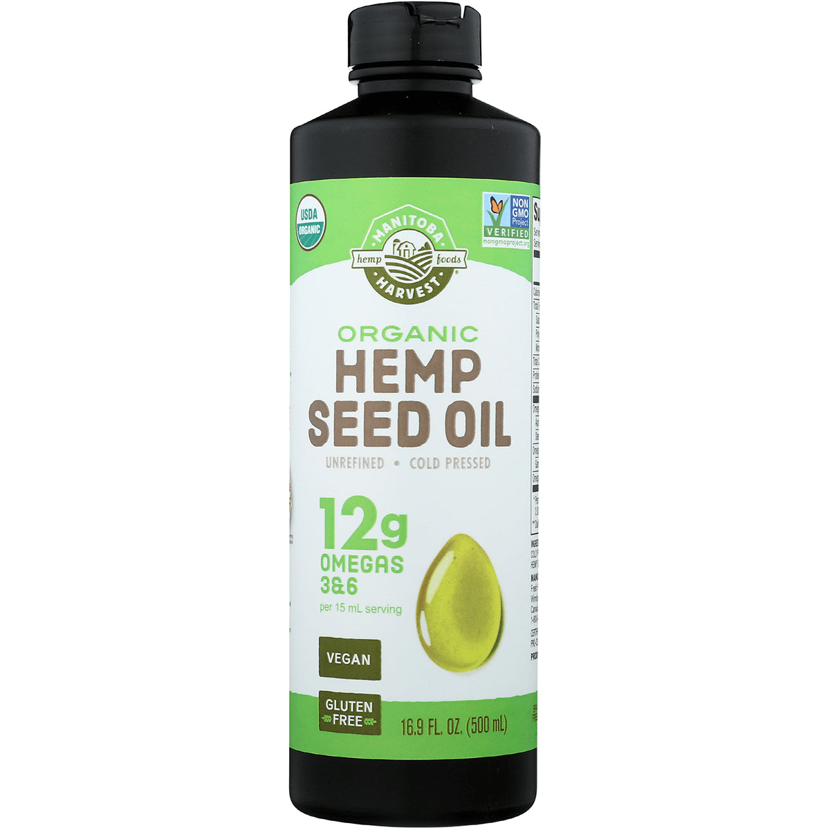 MAN009 | Bottle of Manitoba Harvest Organic Hemp Seed Oil label showing 12g omegas 3&6, vegan, gluten free, 16.9 fl oz