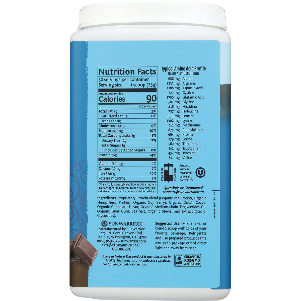 SNW022 | Back label with Nutrition Facts, ingredients, and Typical Amino Acid Profile