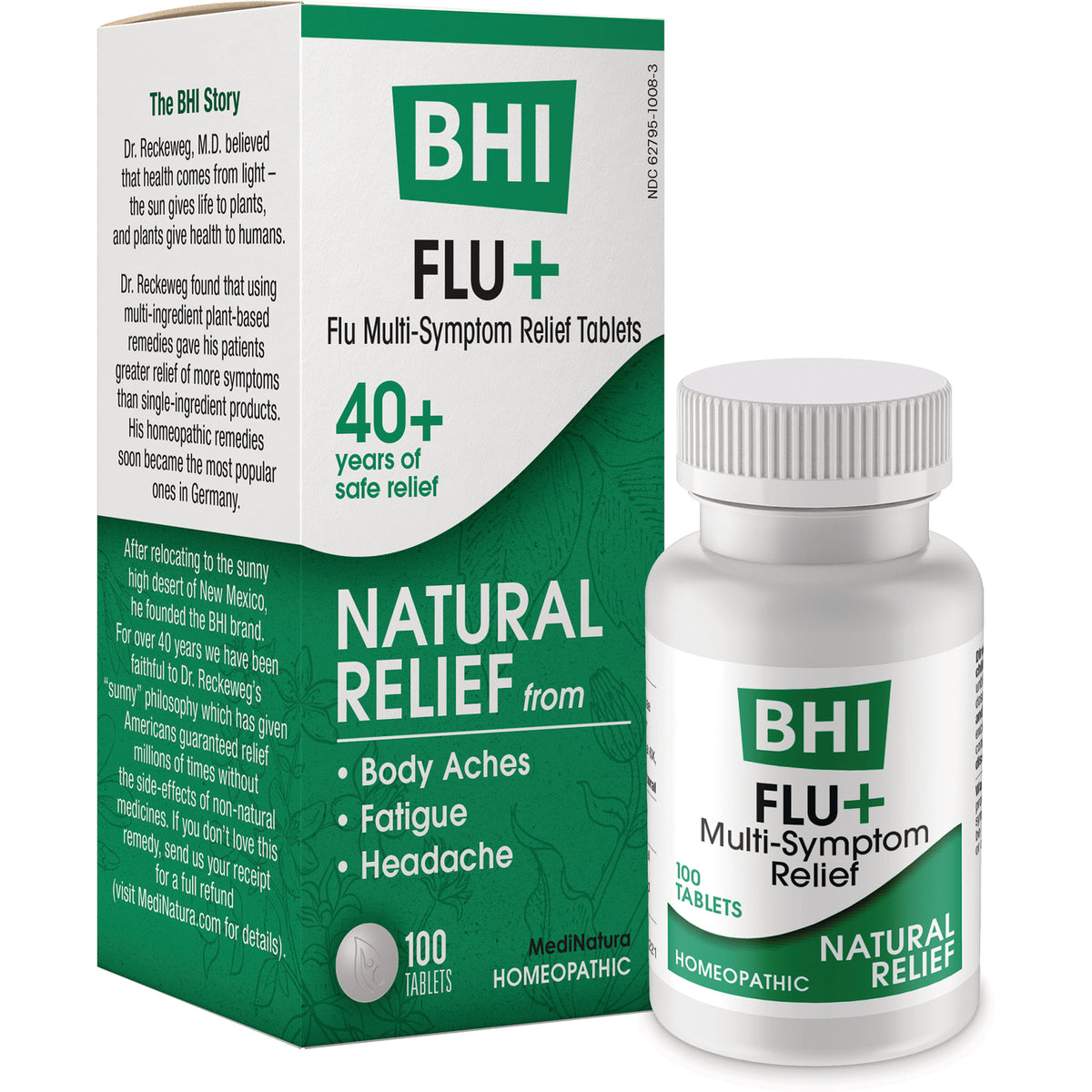 MNA036 | Front of BHI FLU+ natural relief flu multi-symptom tablets box, 100 tablets