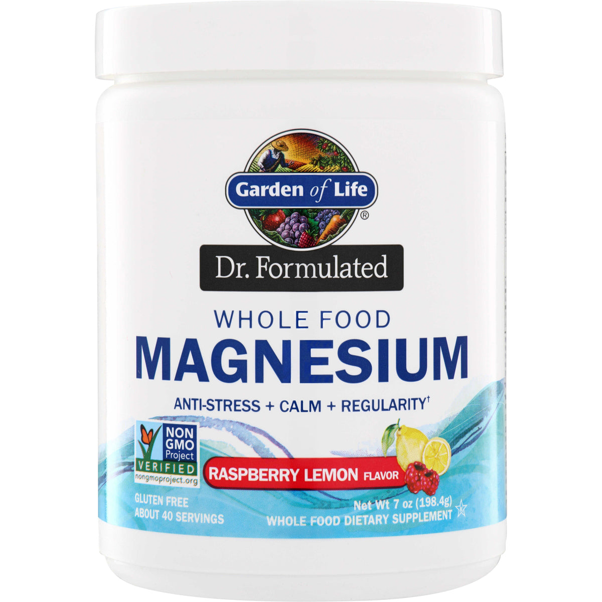 GLF250 | Garden of Life Dr. Formulated Whole Food Magnesium, Raspberry Lemon flavor, 7 oz container