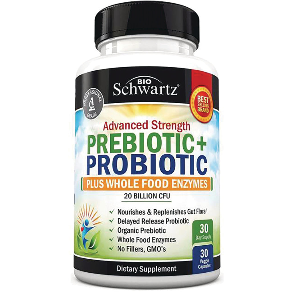 BSZ019 | BioSchwartz Advanced Strength Prebiotic+ Probiotic bottle front showing 20 billion CFU and 30 veggie capsules - Thumbnail