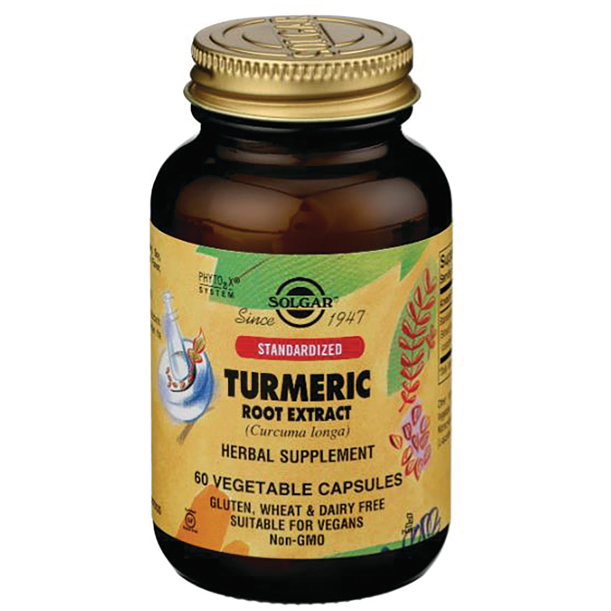 SLG345 | Solgar Turmeric Root Extract herbal supplement bottle, amber jar with gold cap labeled 60 vegetable capsules