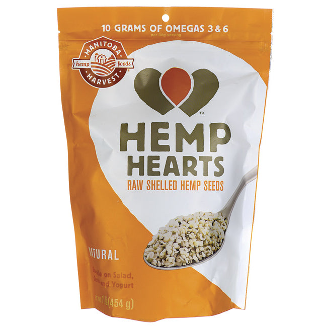 MAN011 | Manitoba Harvest HEMP HEARTS raw shelled hemp seeds pouch with spoon of seeds, natural