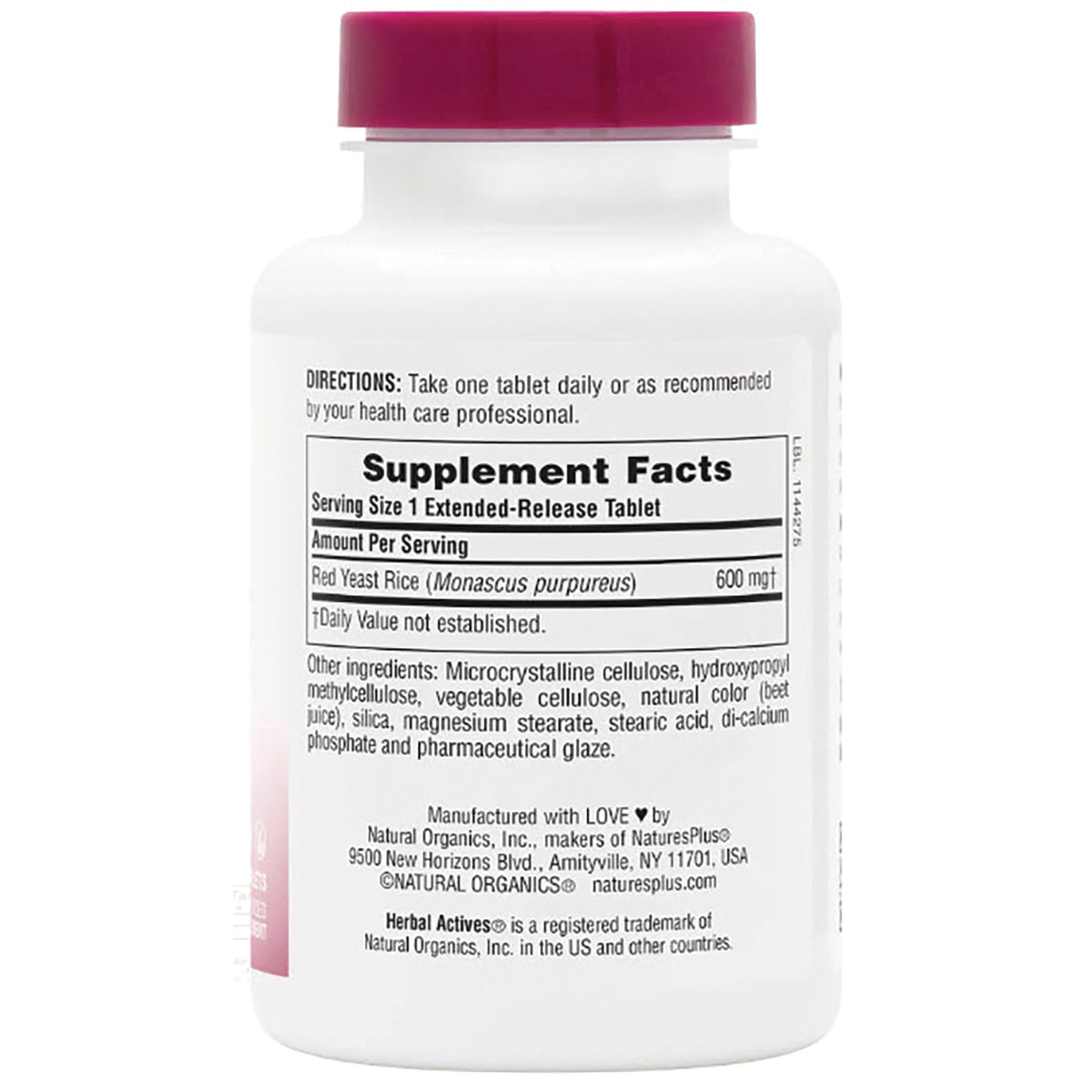 NTP308 | Supplement Facts label on a red yeast rice tablet bottle