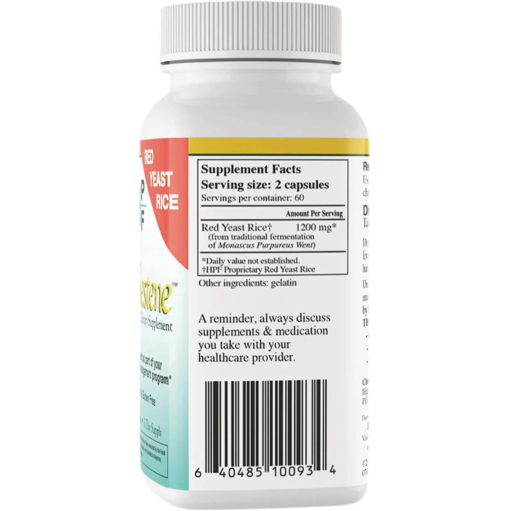 HRG005 | Back label showing supplement facts with serving size 2 capsules, Red Yeast Rice 1200 mg and barcode - Thumbnail