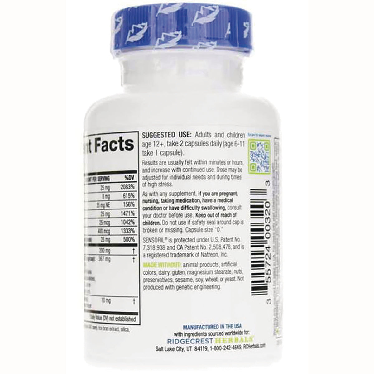 PH053 | back of white supplement bottle showing supplement facts panel, suggested use text, and barcode