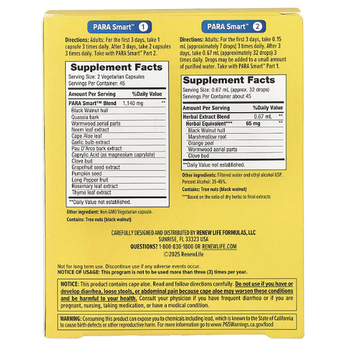 RNL035 | Back of yellow supplement box showing two Supplement Facts panels and warning text