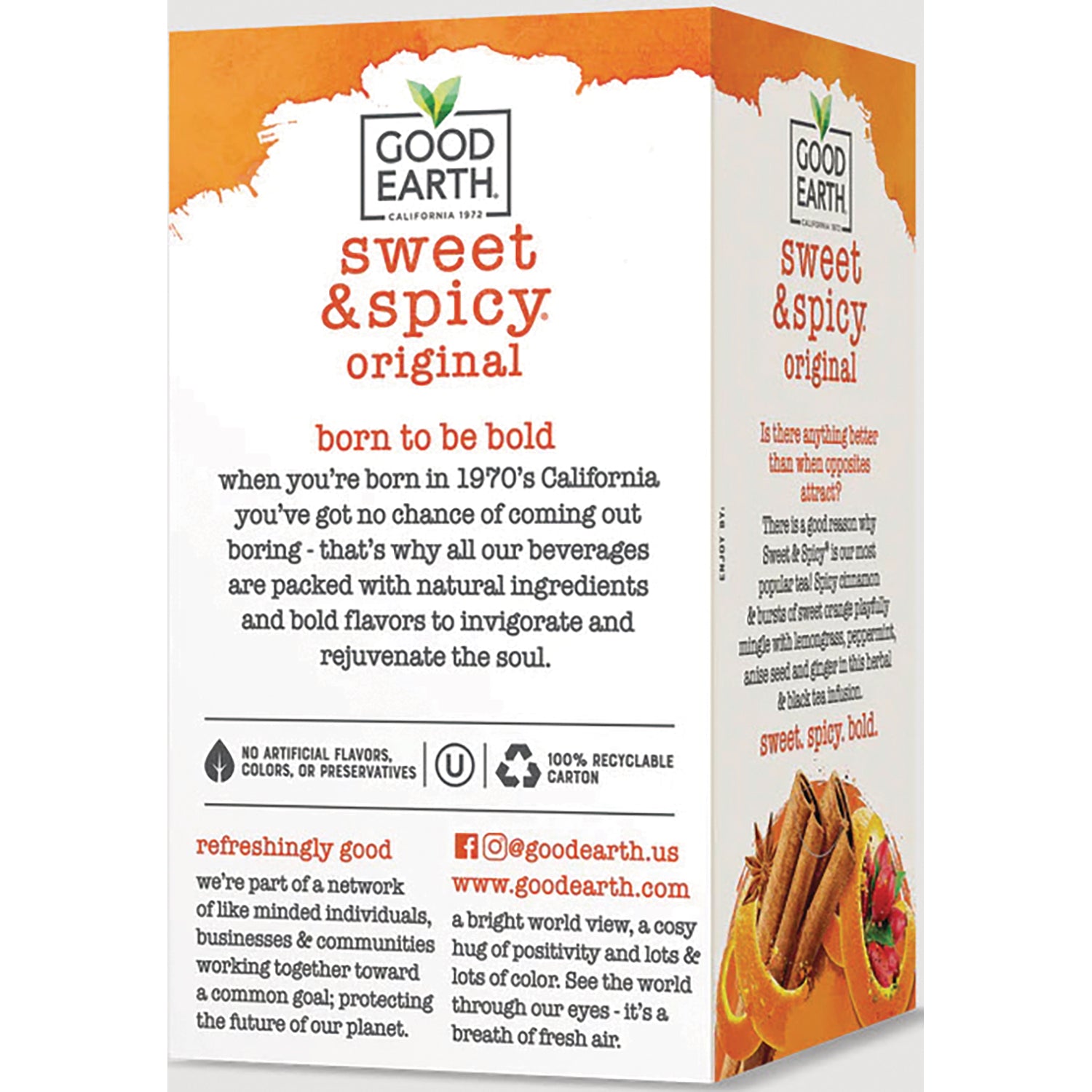GET008 | Good Earth sweet & spicy original product infographic showing front and side packaging with product story and icons