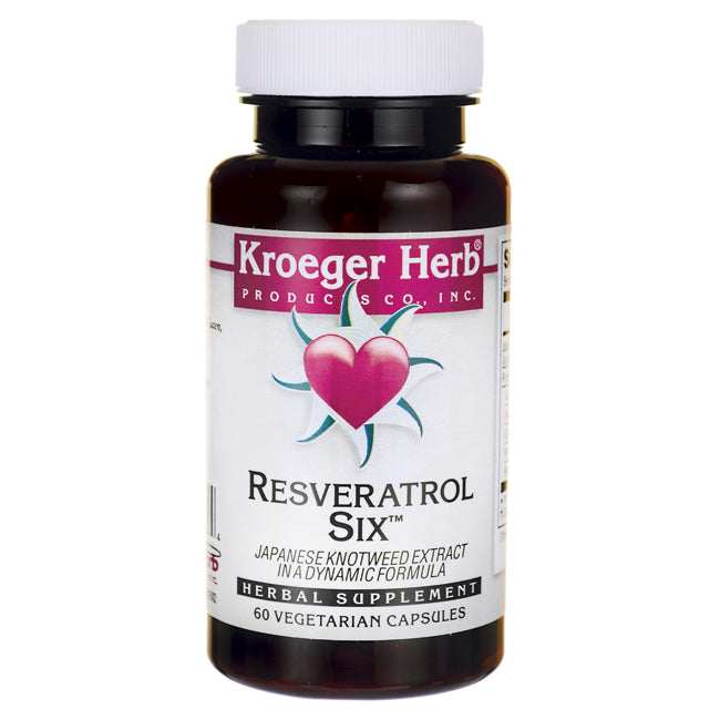 KRG023 | Kroeger Herb Resveratrol Six herbal supplement bottle, 60 vegetarian capsules, front label
