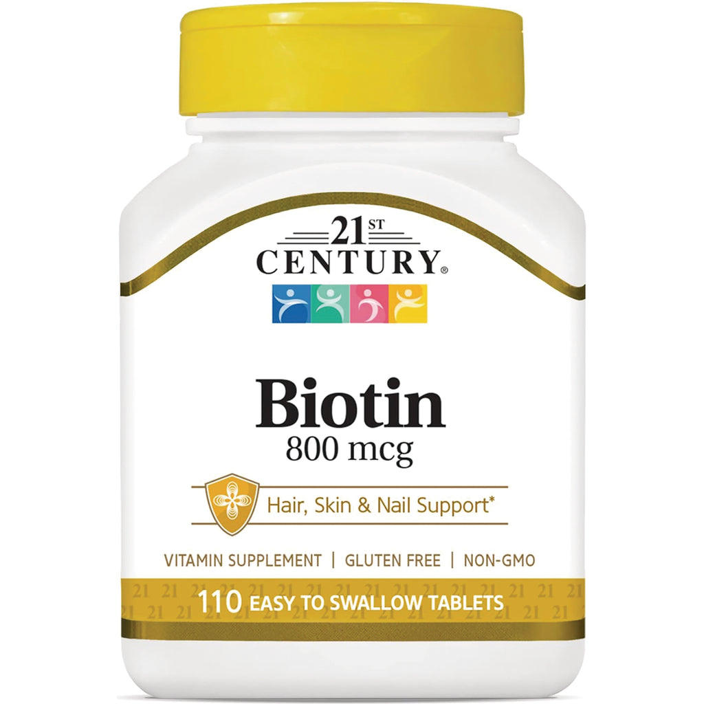 CNT014 | 21st Century Biotin 800 mcg white bottle with yellow cap, 110 easy to swallow tablets, Hair Skin & Nail Support - Thumbnail