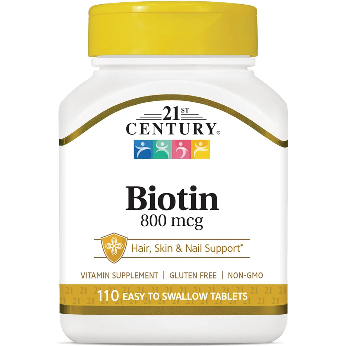 CNT014 | 21st Century Biotin 800 mcg white bottle with yellow cap, 110 easy to swallow tablets, Hair Skin & Nail Support