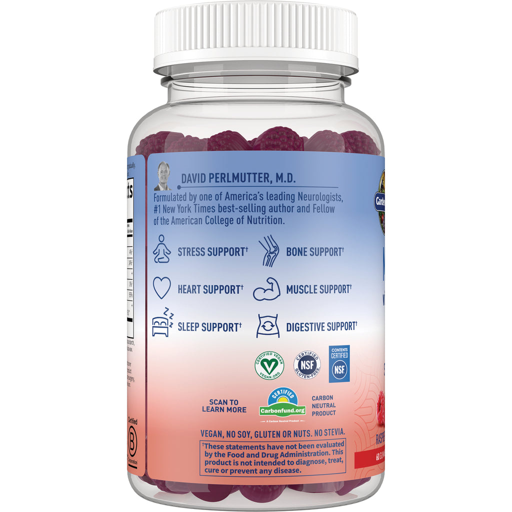 GLF349 | back label of raspberry gummy bottle showing support icons for stress, bone, heart, muscle, sleep, digestive and certification logos - Thumbnail