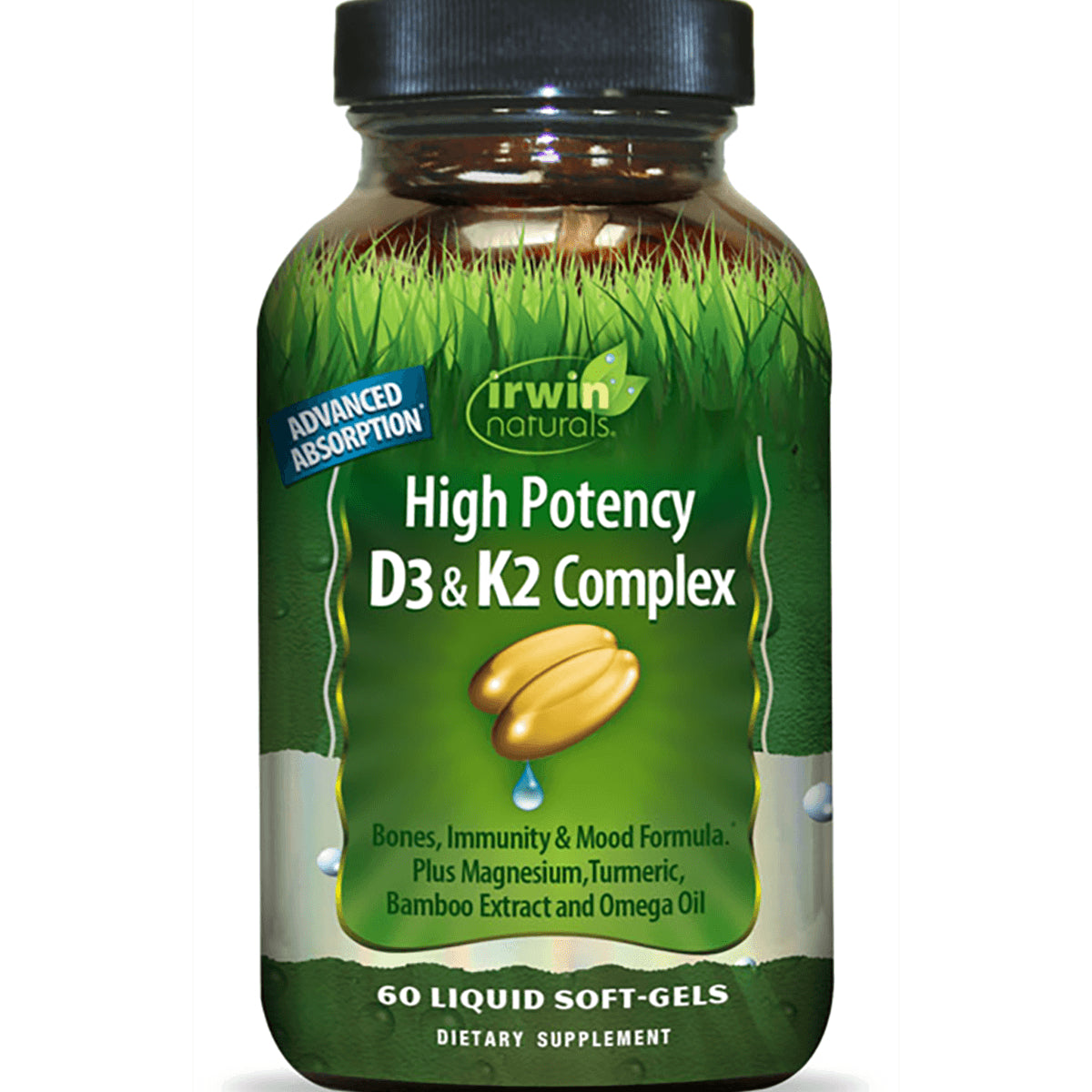 IR149 | Irwin Naturals High Potency D3 & K2 Complex bottle showing front label, 60 liquid soft-gels