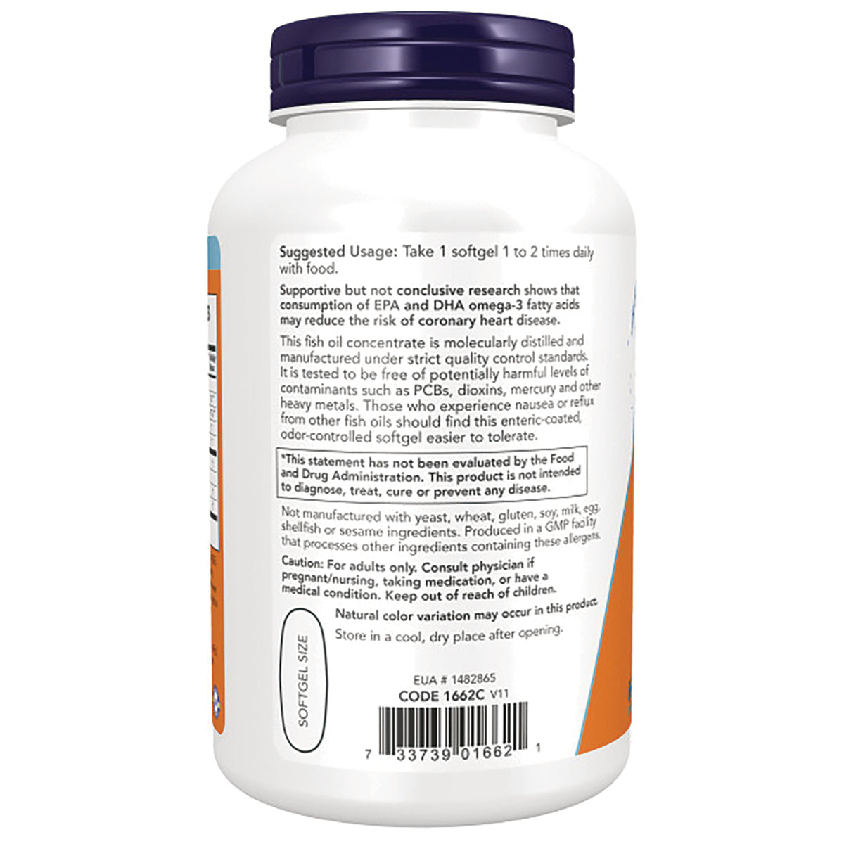 NWF715 | back label of white supplement bottle showing suggested usage, caution text and barcode