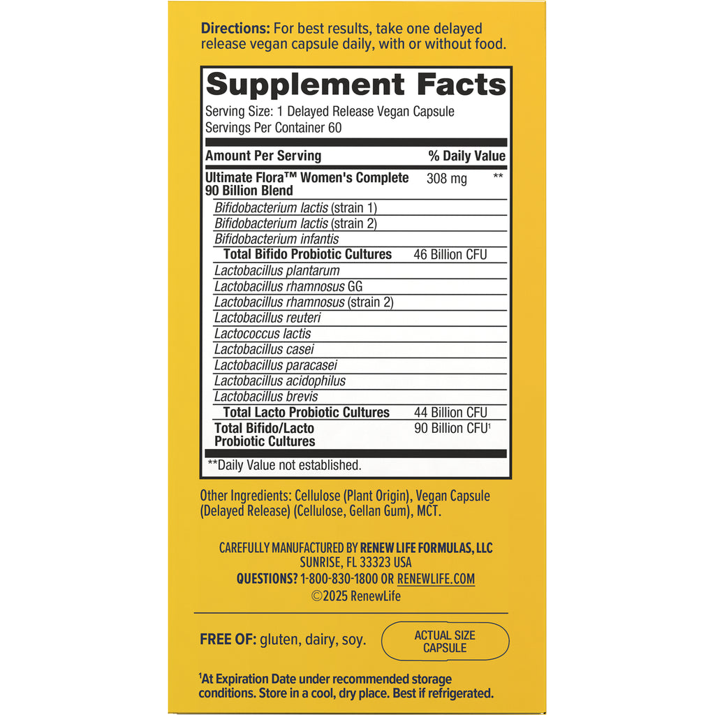 RNL238 | Back panel with Supplement Facts, directions, probiotic strains and other ingredients for delayed release vegan capsule - Thumbnail