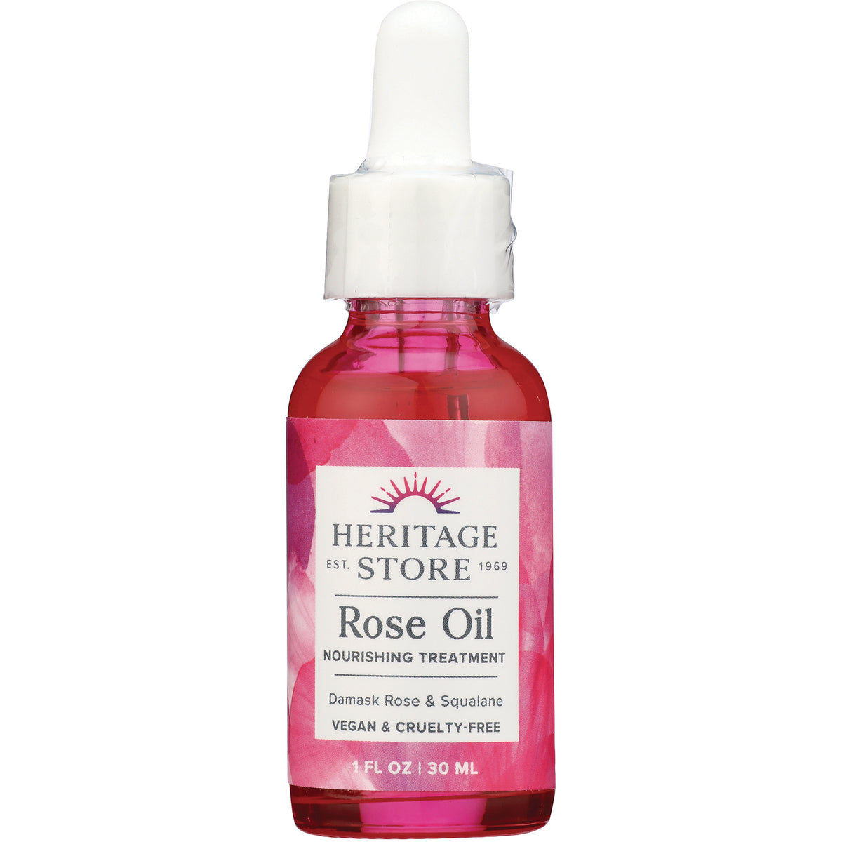 HTG120 | Heritage Store Rose Oil dropper bottle, 1 fl oz nourishing treatment with pink label