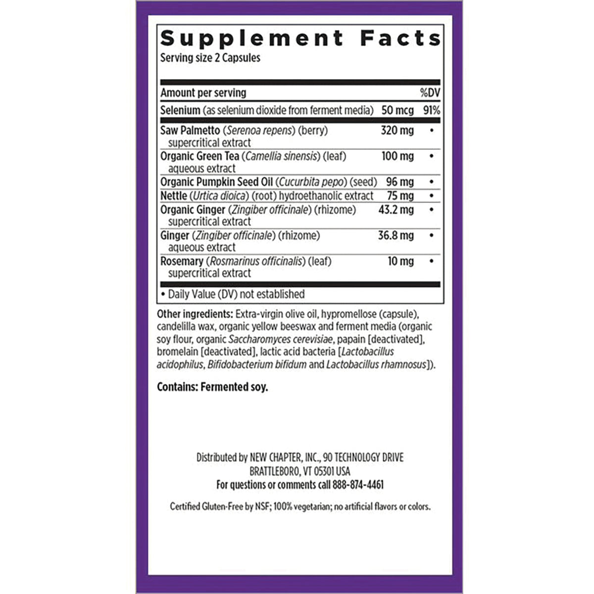 NWC272 | Supplement Facts panel showing serving size, ingredient amounts, other ingredients and Contains: Fermented soy