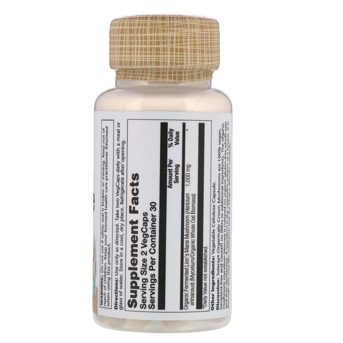 SLR461 | Back of white supplement bottle showing Supplement Facts label and beige patterned cap