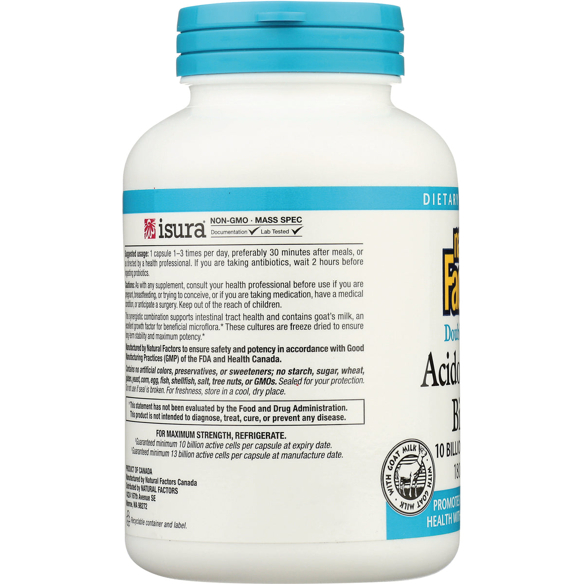 NFC015 | back label of white supplement bottle showing usage instructions, small print, and certification logo
