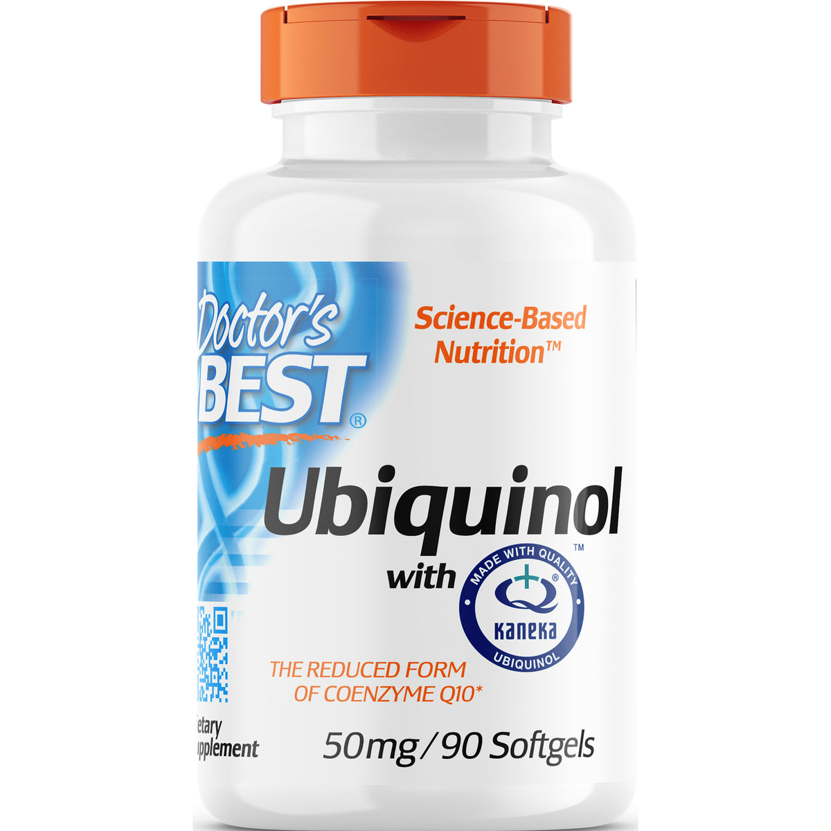 DB100 | White supplement bottle with orange cap labeled Doctor's Best Ubiquinol 50mg/90 softgels with Kaneka seal
