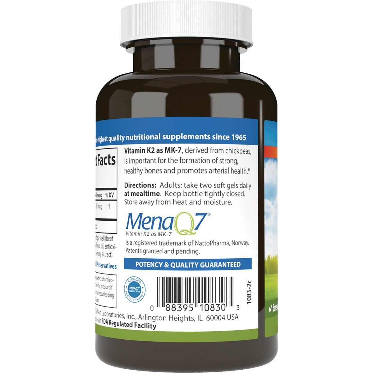 CSN307 | back label of supplement bottle showing directions, MenaQ7 logo and barcode