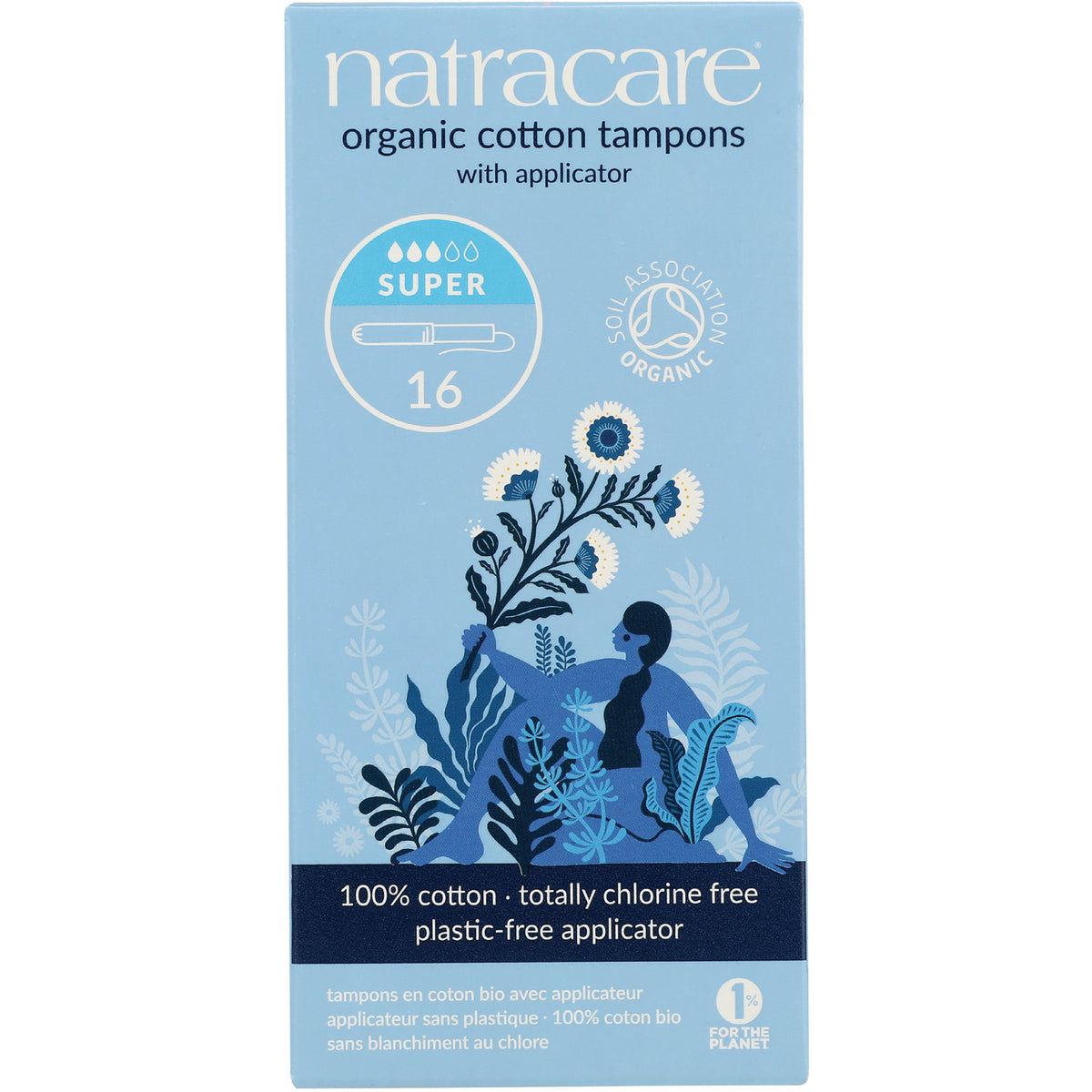 NCR005 | Natracare organic cotton tampons with applicator, Super 16 count in blue illustrated box