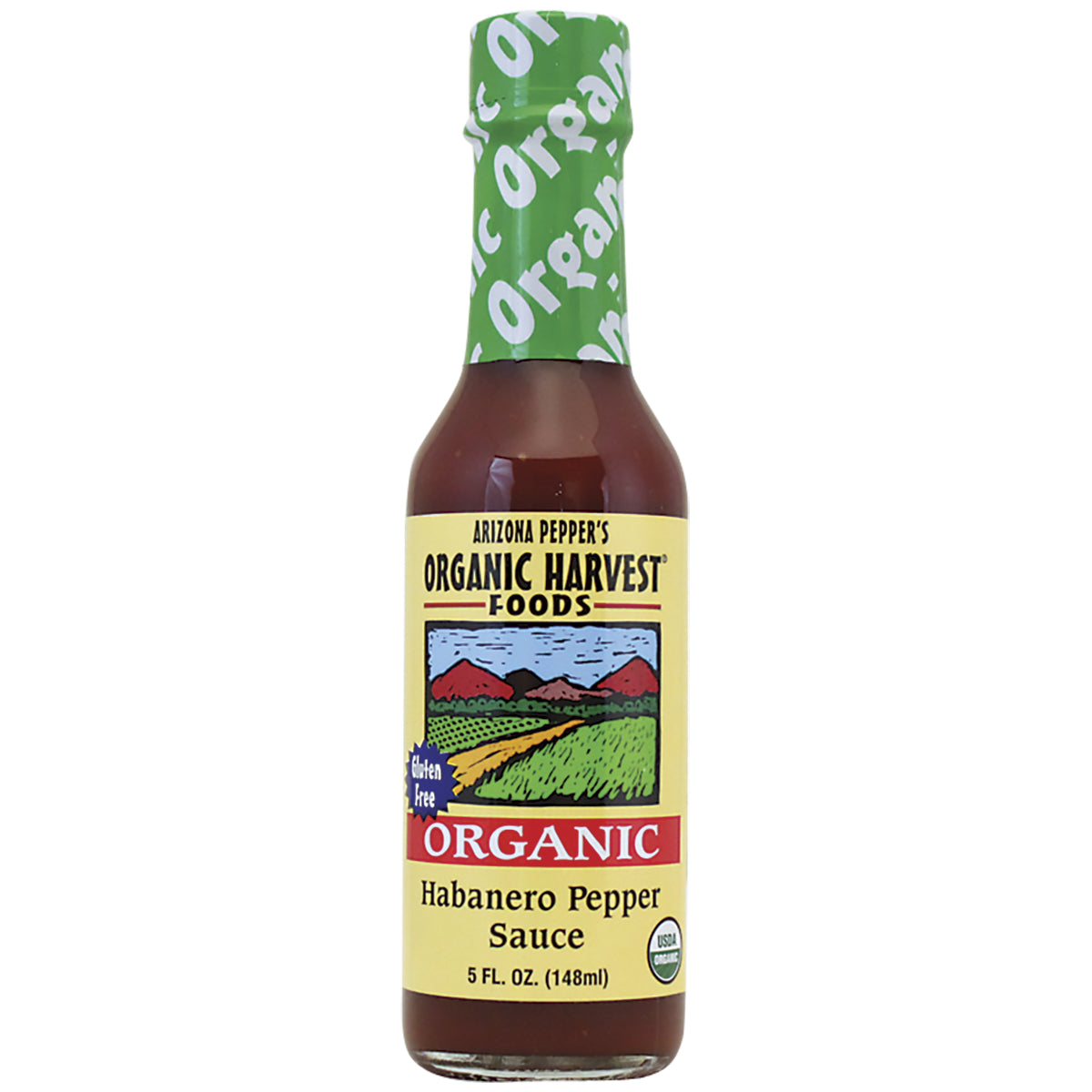 ARZ002 | Organic Harvest Foods habanero pepper sauce bottle labeled ORGANIC, 5 fl oz