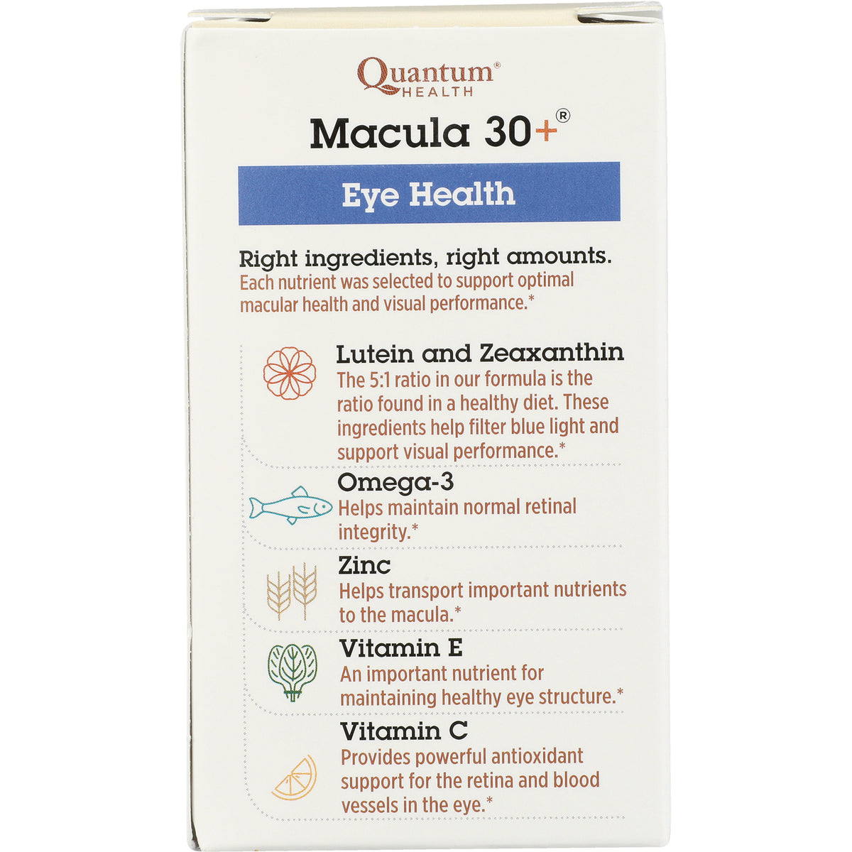 QU075 | Macula 30+ Eye Health infographic listing lutein and zeaxanthin, omega-3, zinc, vitamin E, vitamin C