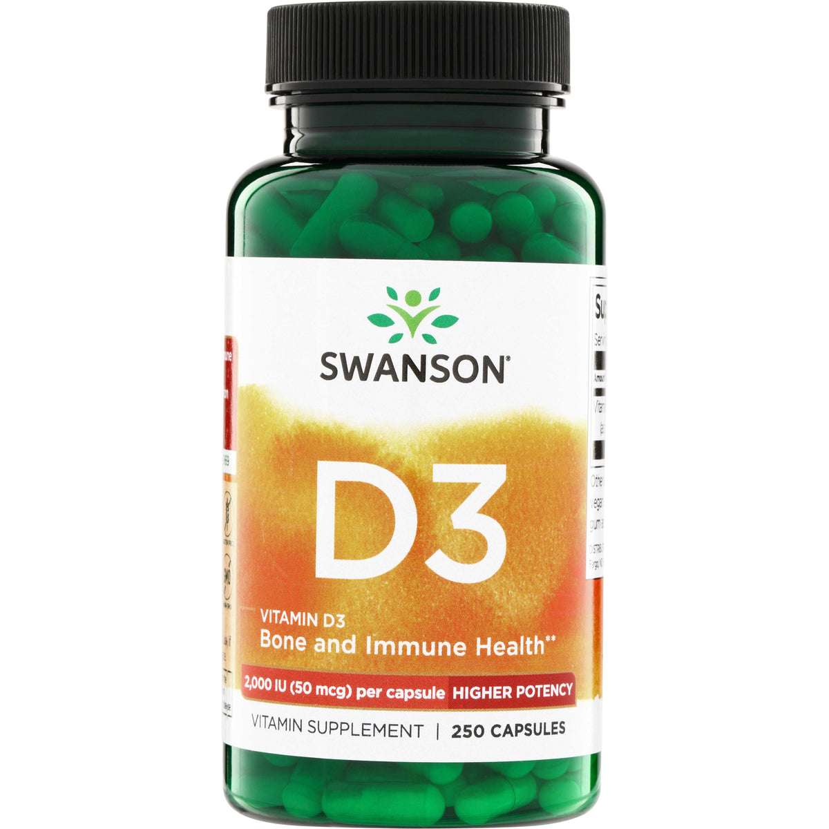 SW1210 | Swanson Vitamin D3, Bone and Immune Health, 2,000 IU (50 mcg) per capsule, Higher Potency, 250 capsules