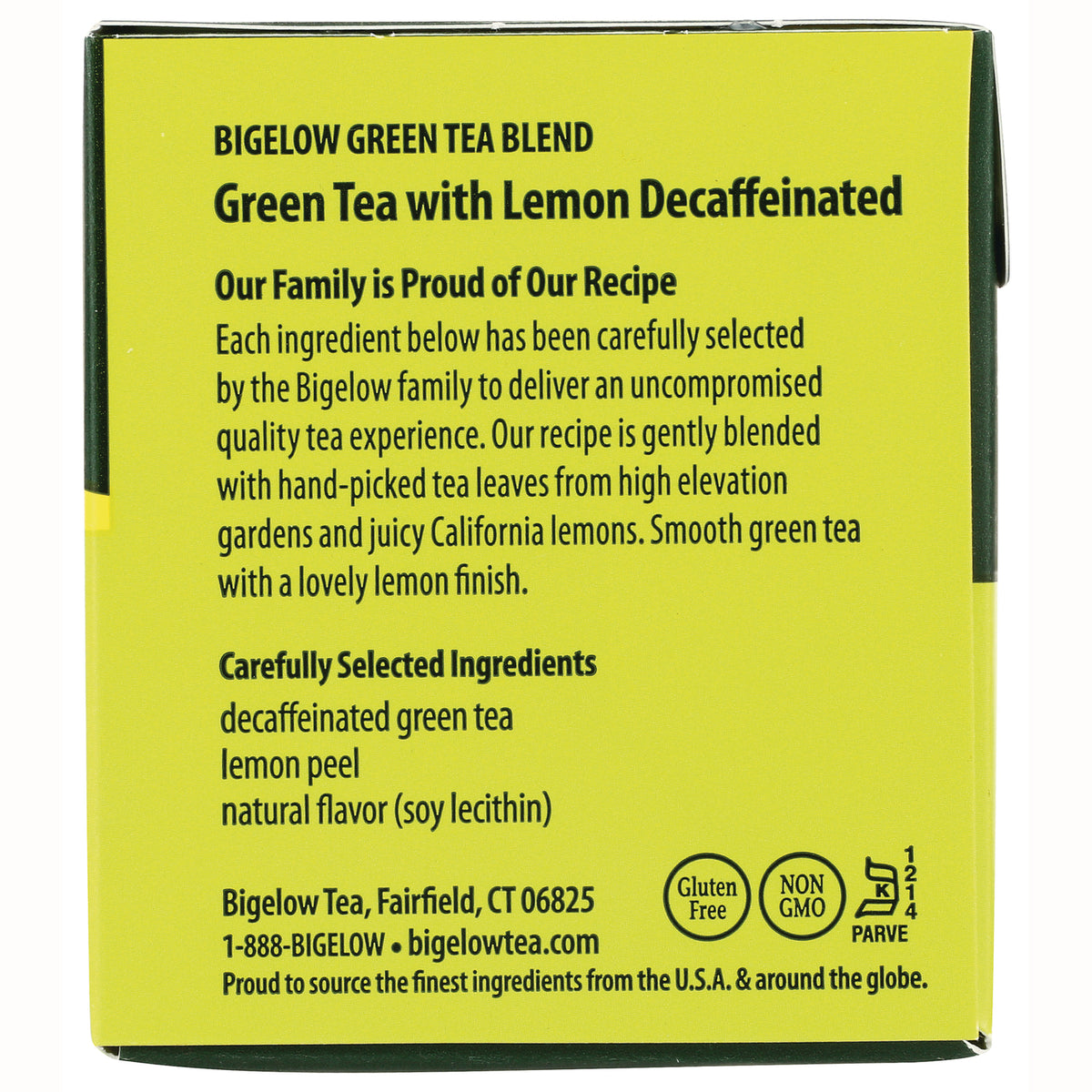 BGT012 | Back of box: Bigelow Green Tea with Lemon Decaffeinated; ingredients include decaffeinated green tea, lemon peel, natural flavor, Gluten Free, Non GMO
