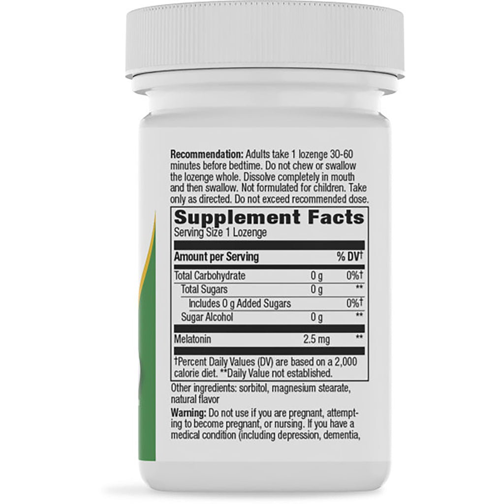 NW784 | back label with Supplement Facts listing Melatonin 2.5 mg, serving size 1 lozenge and warnings - Thumbnail
