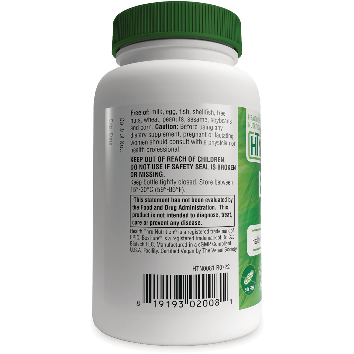 HTN009 | back label of white supplement bottle showing allergy warnings, storage instructions, FDA disclaimer and barcode