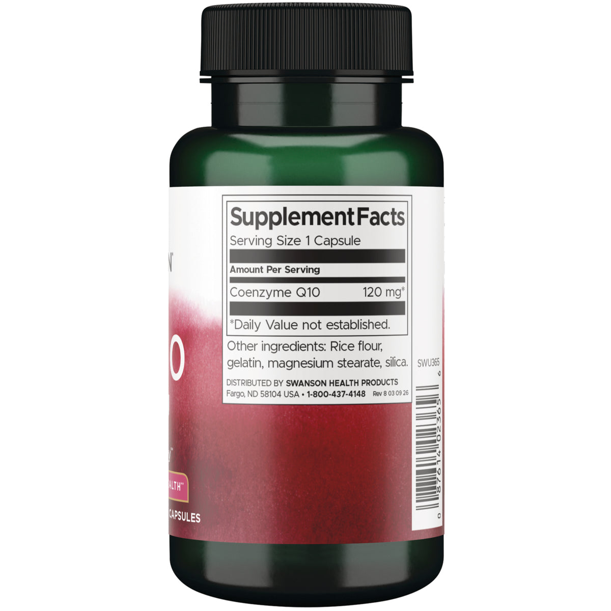 SWU365 | Back label with Supplement Facts for Coenzyme Q10 120 mg, other ingredients, and barcode