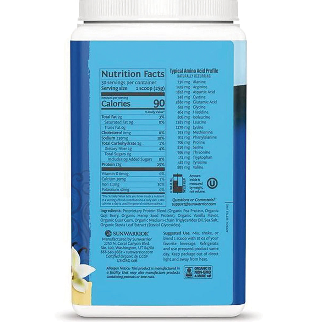 SNW023 | Back of protein powder container showing Nutrition Facts, Calories 90 per 1 scoop (25 g), ingredients and certifications - Thumbnail