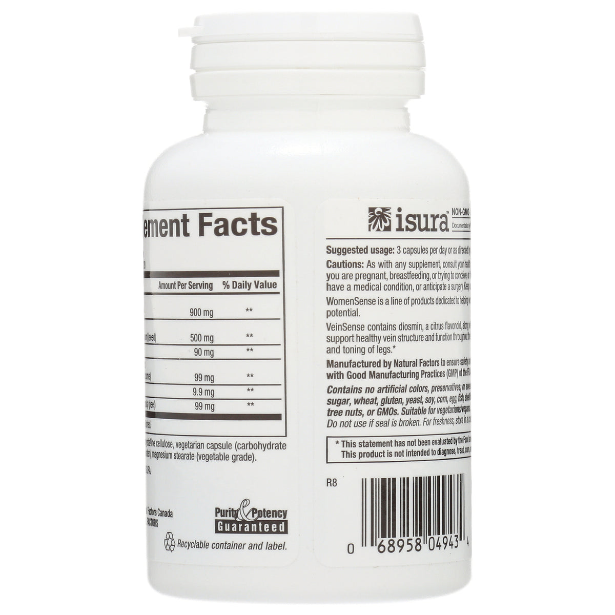 NFC089 | back label showing Supplement Facts panel, caution text and barcode on white supplement bottle