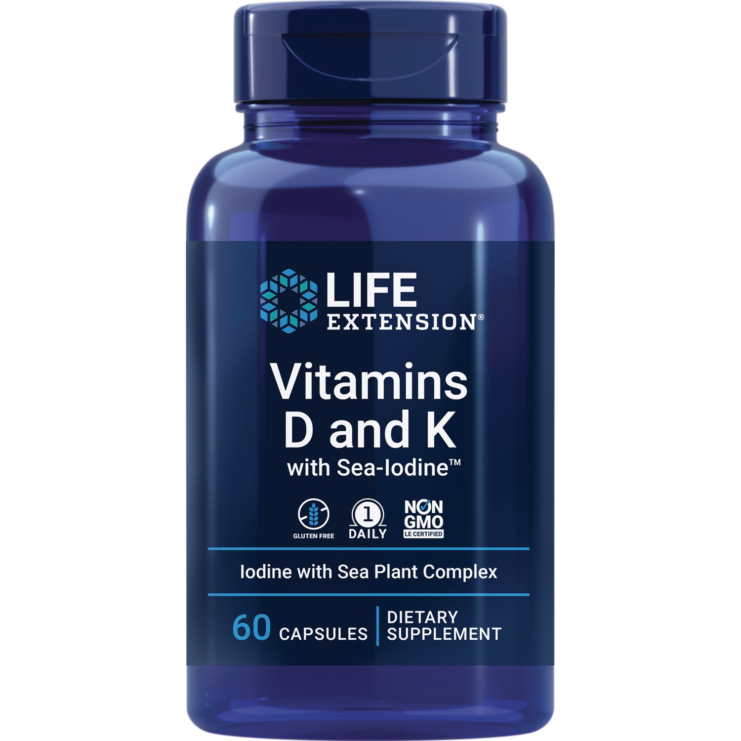 LE438 | Life Extension Vitamins D and K with Sea-Iodine 60 capsules dietary supplement bottle front