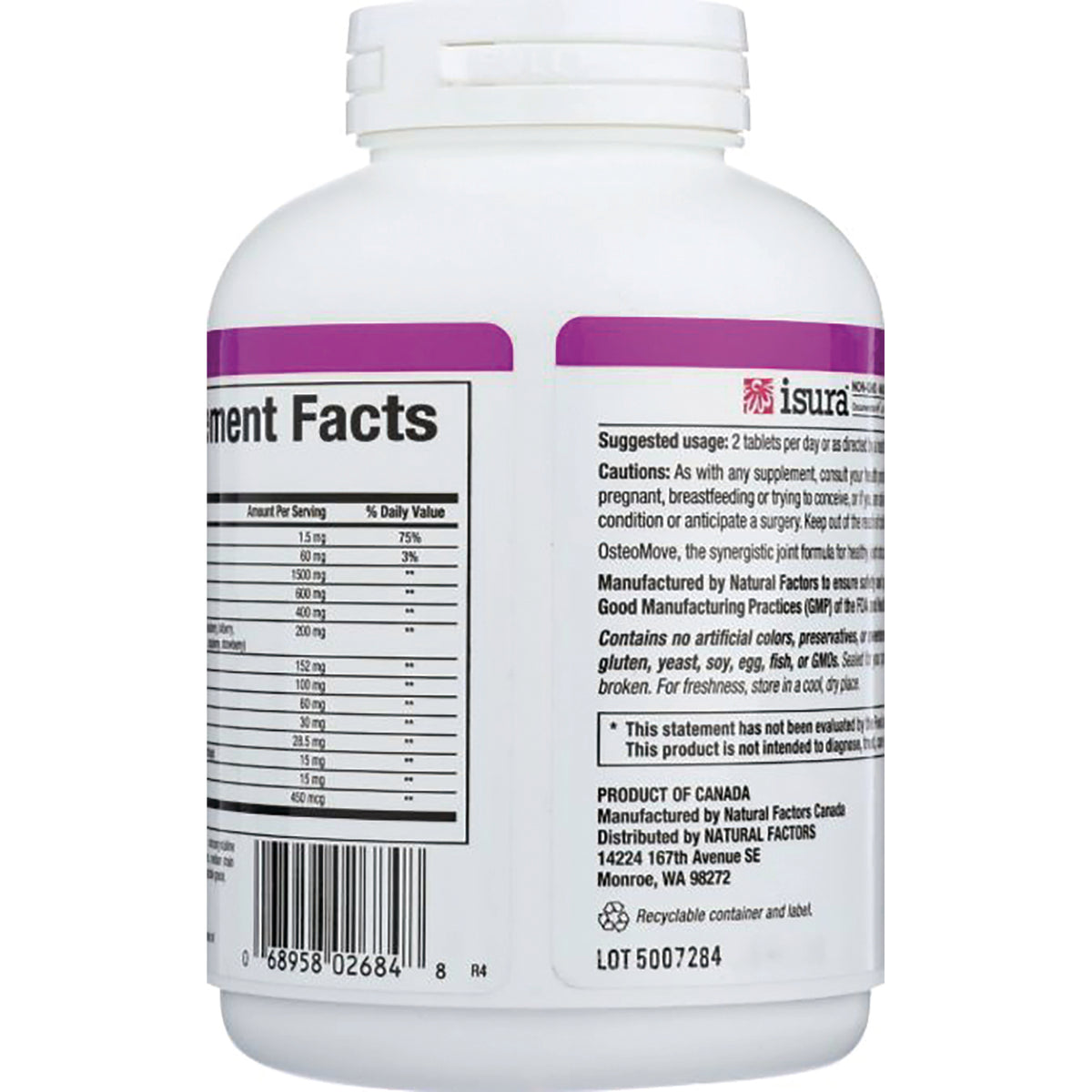 NFC115 | back label showing supplement facts, cautions, barcode and lot number on white bottle
