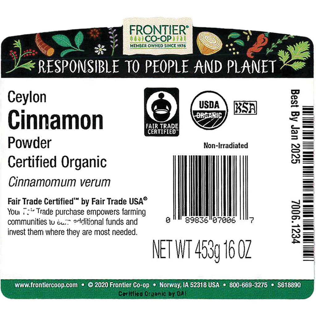 FNP153 | back label of Frontier Co-op Ceylon Cinnamon powder showing certifications, barcode, NET WT 453g 16 OZ, Best By Jan 2025 - Thumbnail