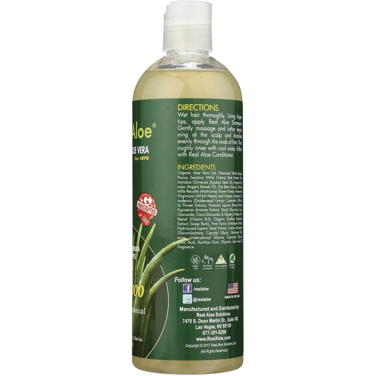 RA011 | Back of clear shampoo bottle with green label showing DIRECTIONS, INGREDIENTS and manufacturer contact info