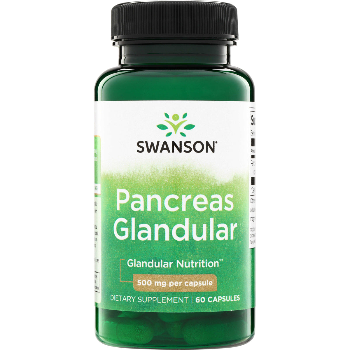 SW1228 | Swanson Pancreas Glandular dietary supplement bottle, 500 mg per capsule, 60 capsules