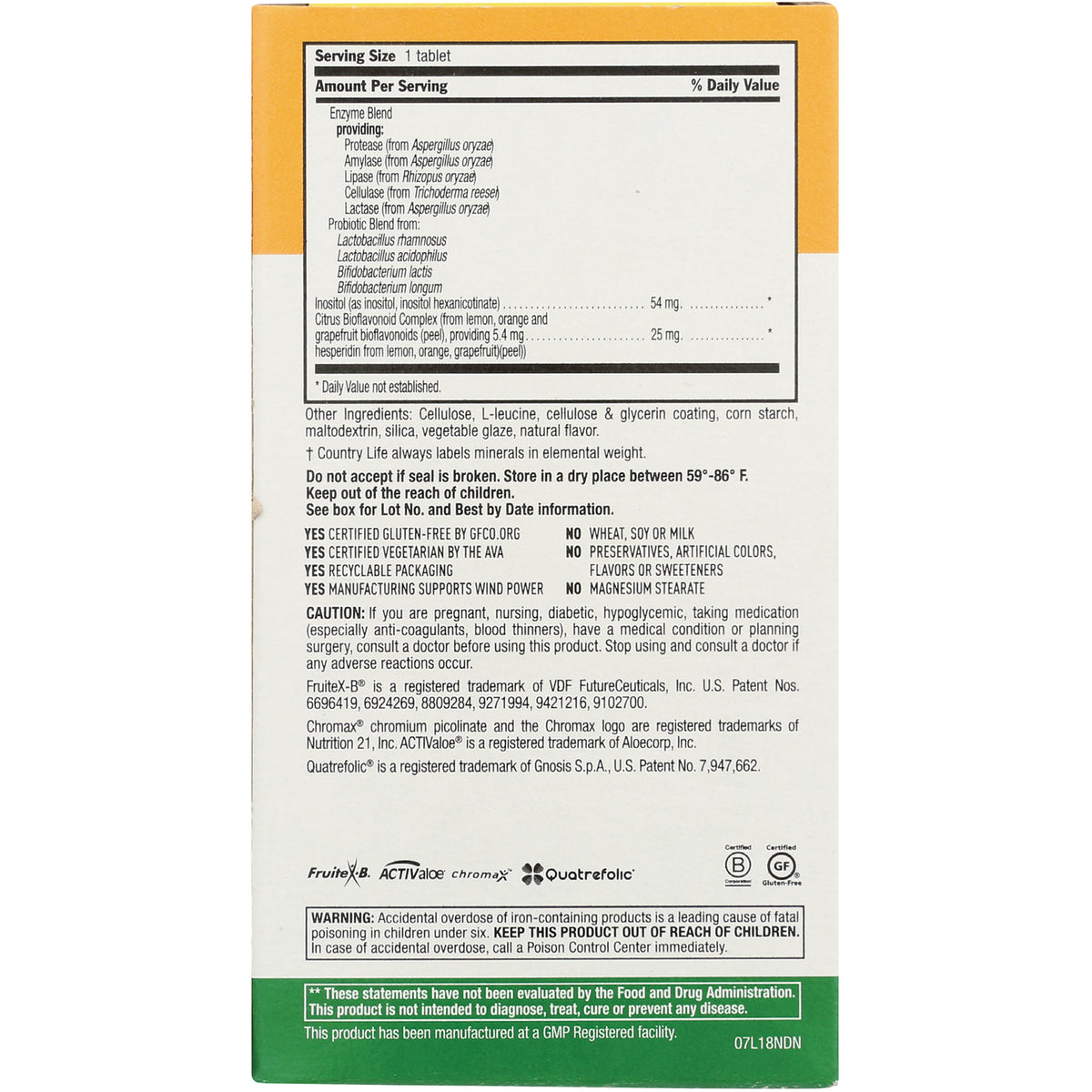 CRL528 | back of supplement box showing supplement facts panel, ingredient list, warnings and certification icons