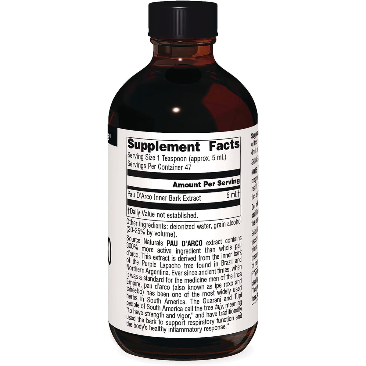 SN627 | Back label with Supplement Facts for Pau D'Arco Inner Bark Extract, serving size 1 tsp (5 mL)
