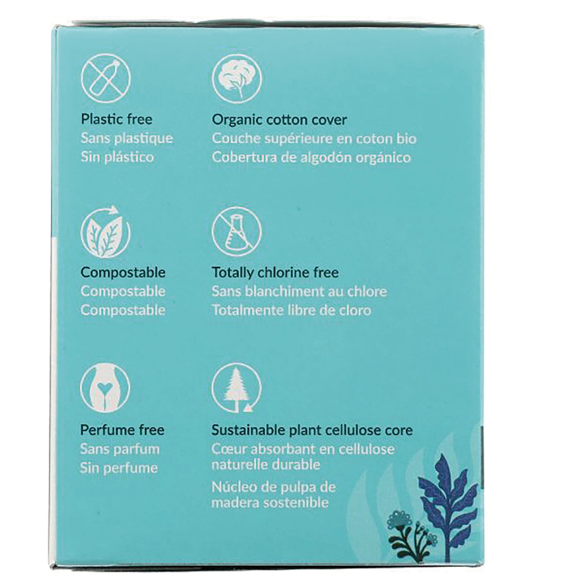 NCR009 | teal product infographic with icons and text: Plastic free; Organic cotton cover; Compostable; Totally chlorine free; Perfume free
