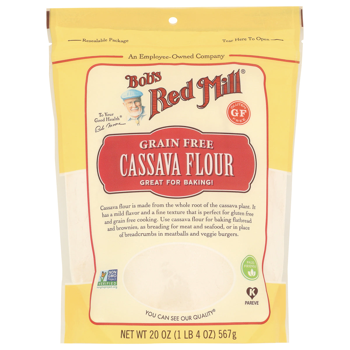 BOB269 | Bob's Red Mill grain free cassava flour 20 oz resealable pouch front with label and clear window